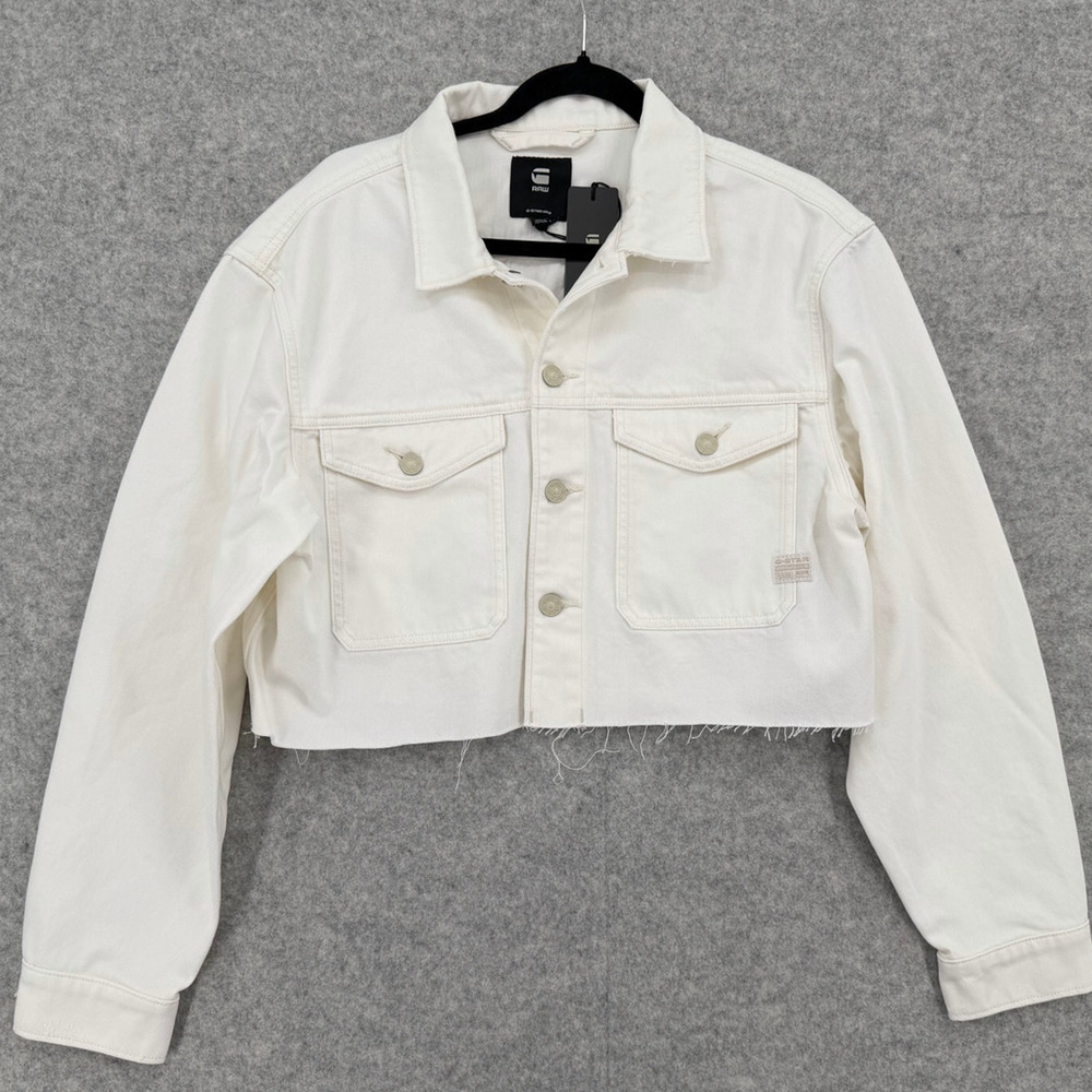 NWT G-Star RAW Cropped Wander Chalk White GD Destroyed Jacket Size LARGE